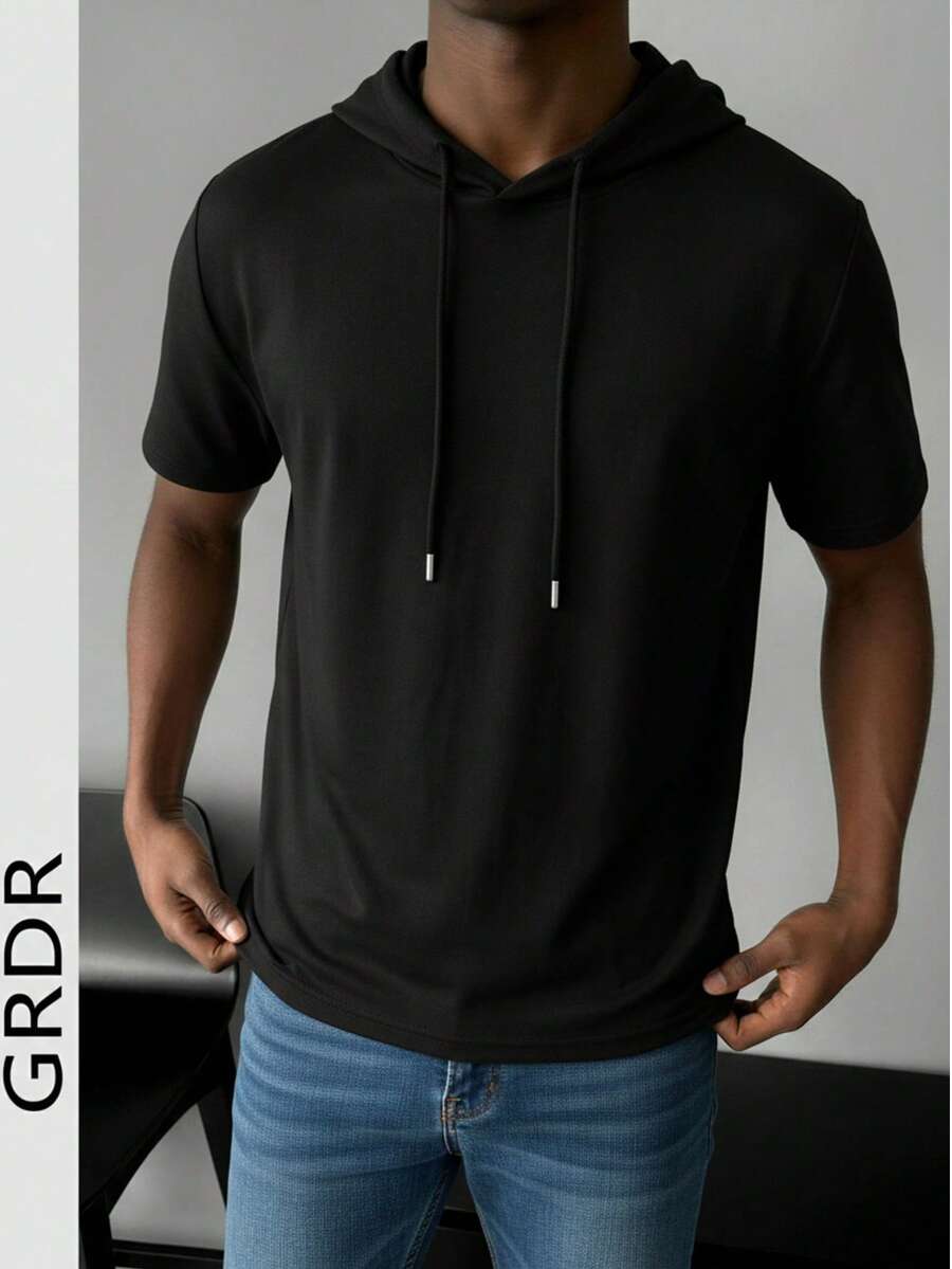 GRDR Tricou sport casual pentru bărbați, cu glugă, mânecă scurtă, culoare solidă minimalistă la modă, mânecă scurtă, potrivit pentru alergare și purtare zilnică - Negru - Vizualizare 1