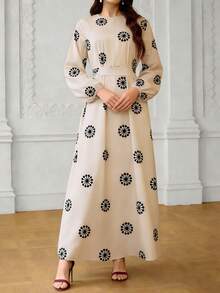 Ramadan New Arrival: Beige Black Floral Print Cinched Waist Lantern Sleeve Maxi Dress, Casual/Commute Elegant Versatile - Apricot - View 1
