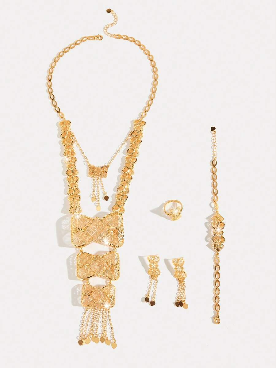 Dubai Style Minimalist, Sweet Exaggerated, Gold-Tone Copper Fashion High-End Luxury Retro Jewelry Set, Suitable For Outings, Leisure, Parties, Daily Dates, Christmas And Other Holidays. The Set Includes Multilayer Gold-Plated Long Necklace, Tassel Earrings And Bracelet, Ideal Gift For Ladies, Girlfriends, Parents, Etc. - XSJT-211 - View 1
