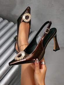 Women's New Rhinestone Buckle High Heel Sandals, Elegant For Party, Commute And Versatile Wear - Brown - View 1