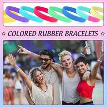 100 Pcs Solid Color Rubber Wristbands Rubber Bracelets Silicone Wristbands Sports Bracelets Bulk Adult Wrist Bands For Event Women Men Party Decorations(Neon Color) - 霓虹色 - 查看 6