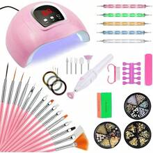 Lámpara De UñasLámpara Secador De Uñas Set Con 3 Temporizadores Sensor Inteligente Placa Base íble 15pcs Niña Pinceles Para Uñas 10pcs Rollos De Cintas Adhesivas 5pcs Lápiz De Punto -009 - Rosado - Ver 2