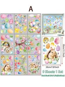 9pcs Double-Sided Happy Easter Window Decor Sticker Set - Rabbit, Eggs And Chick Stickers For Windows And Refrigerators, Ideal For Home And Office Easter Decoration - Multicolor - View 3