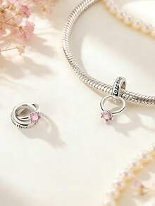 1 Piece Original 925 Sterling Silver Celebrate Love And Connection With This Elegant Interlocking Ring & Pink Cubic Zirconia Dangle Charms - Silver - View 7