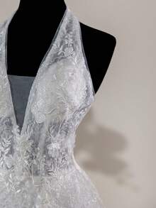 Deep V-Neck Romantic Lace Wedding Dress, Embroidered Floral Details, Minimalist Design - White - View 4