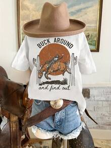 S Fun Western Quote T-Shirt Women Vacation Casual Festival Daily T-Shirt   Comfortable Soft Fabric Loose Fit - 白色 - 查看 1