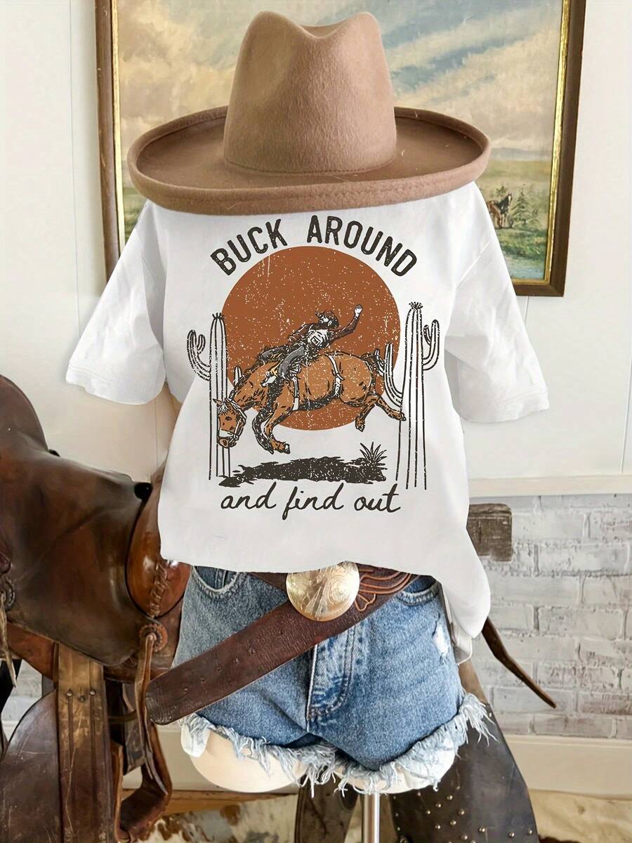 S Fun Western Quote T-Shirt Women Vacation Casual Festival Daily T-Shirt Comfortable Soft Fabric Loose Fit - 白色 - 查看 1