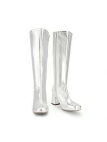 Women's Gogo Boots Square Toe Chunky Fashionable  Casual Simple Knee High Boots - Silver - View 7