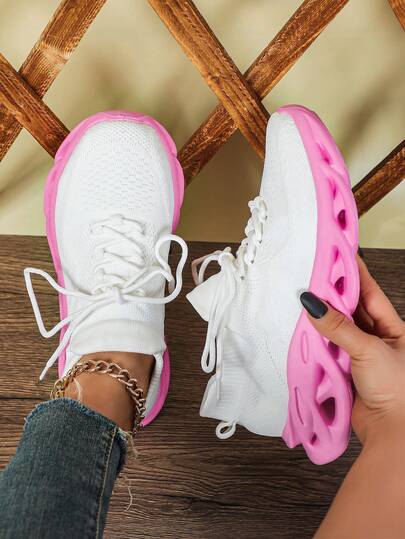 Women's Fashionable White Knitted Mesh Breathable Casual Sneakers, Pink Braided Soft Sole, Lightweight And Comfortable, Lace-Up For Easy On And Off, Unisex Couple Shoes, Outdoor Hiking And Trekking Sock Sneakers