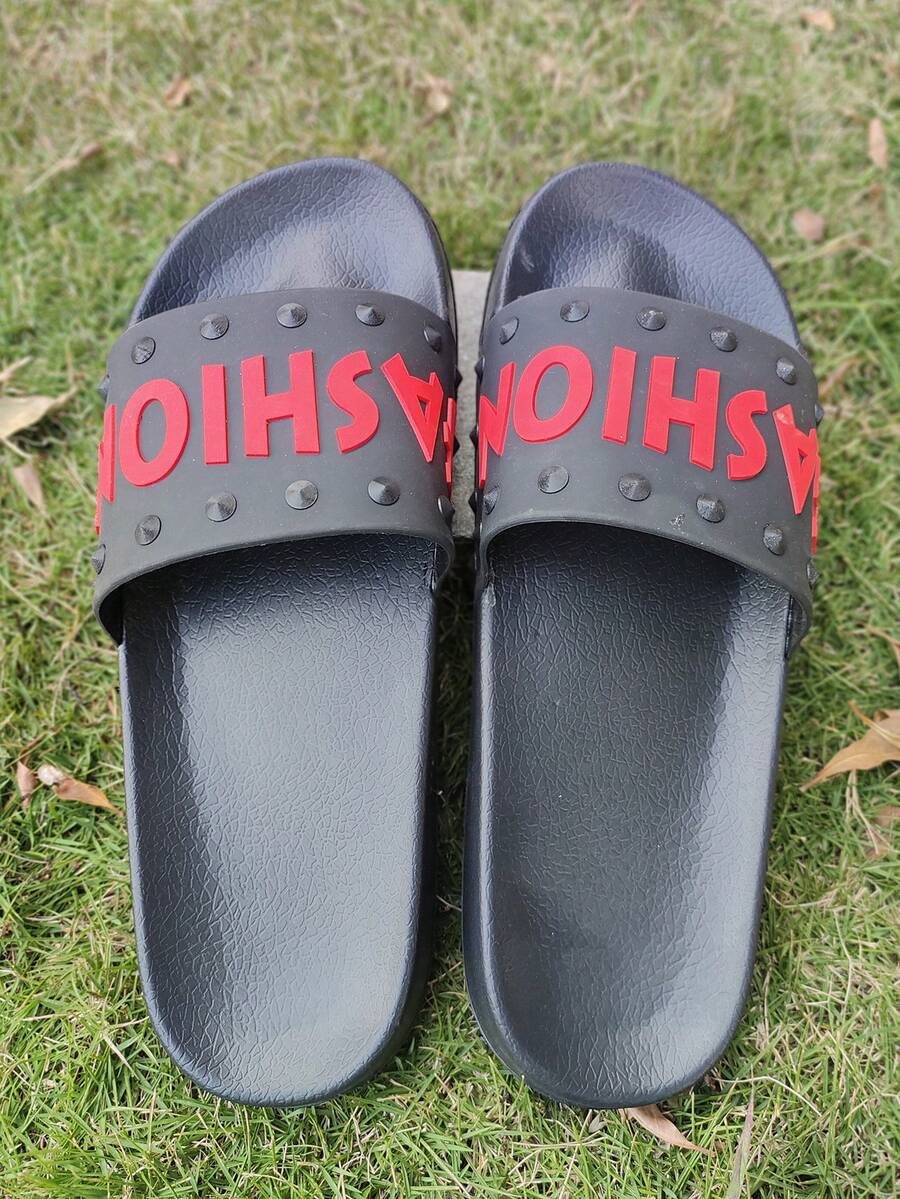 1双男士字母印花EVA（乙烯-醋酸乙烯酯共聚物）户外拖鞋，防滑耐磨鞋底，适合沙滩、度假、春夏穿着 - 紅黑色 - 查看 1