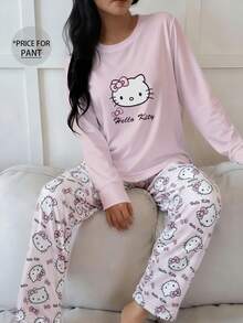 1 Stück Hello Kitty bedruckte Einteiler Schlafanzughose, süße Nachtwäsche für Frauen, Y2K Stil, geeignet für Herbst und Winter - Pink - Übersicht 2