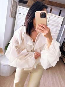 Women's Long Sleeve Chiffon Blouse, Button Ruffle Hem Elegant Solid Color Long Sleeve Formal Shirt, Loose Casual Summer Vacation Top, Bohemian Style, Loose Fashion Blouse White Spring - White - View 6