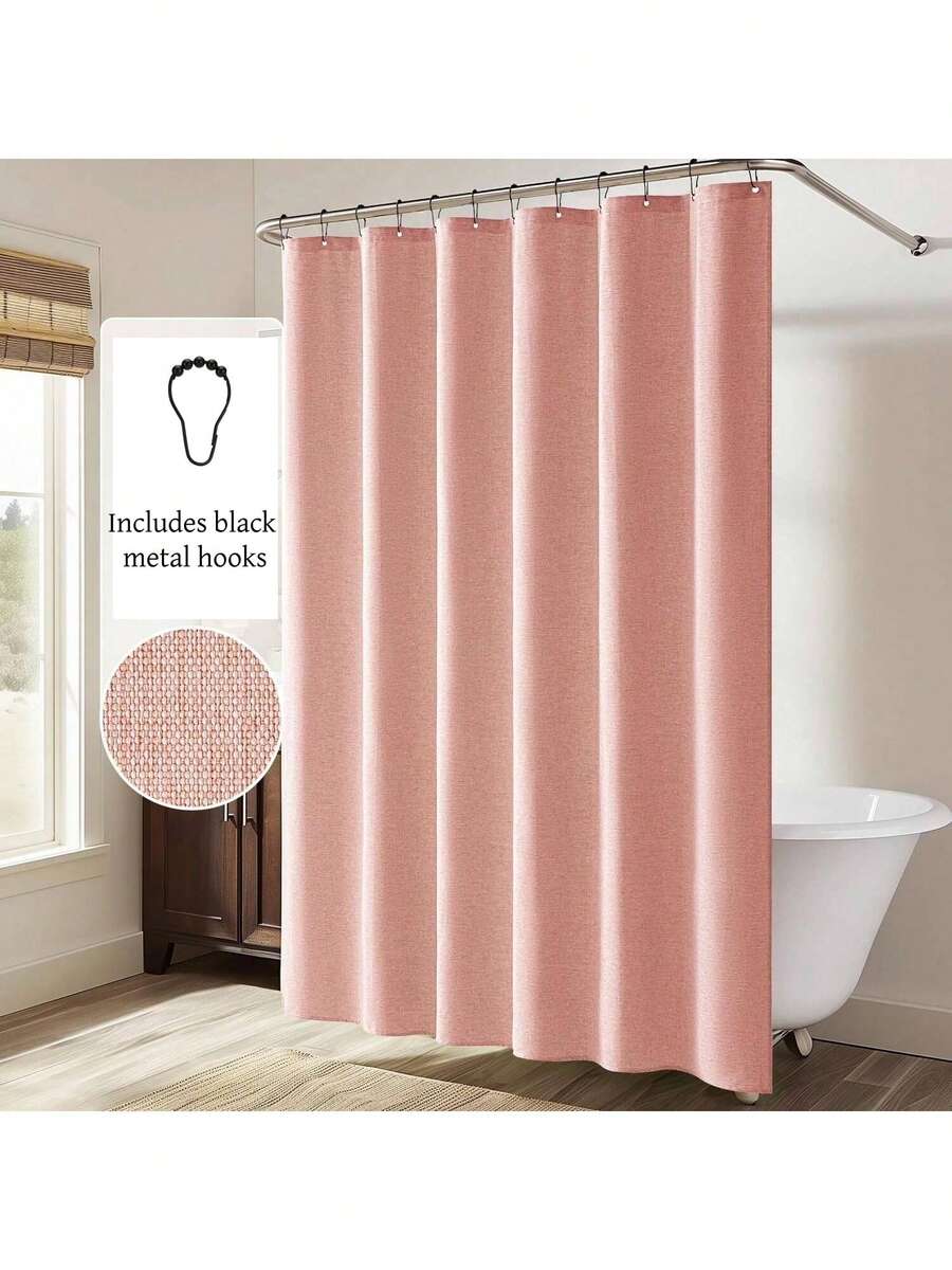 1pc Thick Waterproof Shower Curtain, Pink Faux Linen Shower Curtain With Metal Hooks - Thick, Quick Dry Fabric For Bathroom Privacy And Decor - Watermelon Pink - View 1