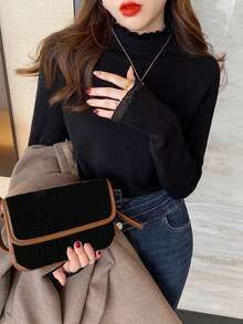 女士秋冬荷叶边高领毛衣 黑色 - 黑色 - 查看 3