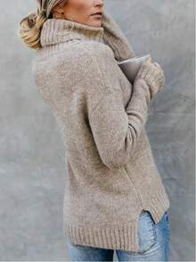 Suéter de punto versátil de cuello alto, diseño de parte delantera corta y parte trasera larga con abertura, estilo casual para otoño/invierno - Caqui 3 - Ver 3