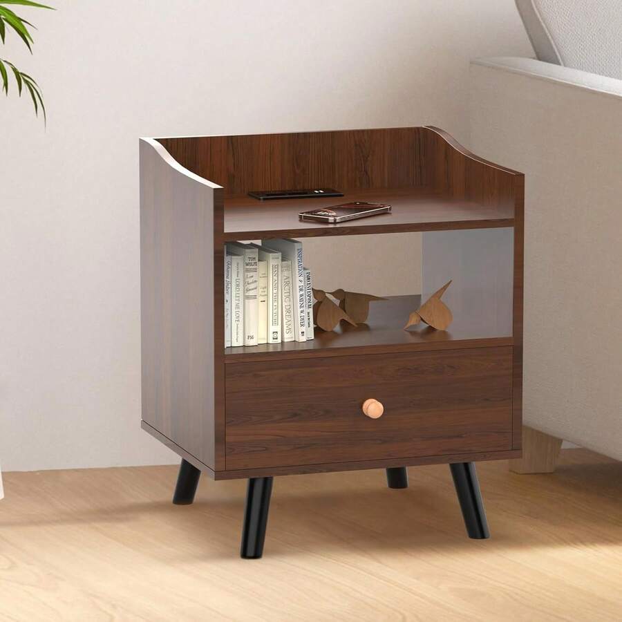 Buró para Recamara, Mesita de Noche, Vintage con Estación de Carga, 3 Niveles de Almacenamiento, 1 Cajones, Puertos USB y Tomas de Corriente - Buró Multifuncional para Dormitorio y Sala de Estar - Camel - Ver 1