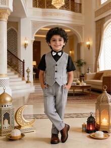 Young Boy Solid Color Single-Breasted Vest, Long Pants And Bow Tie Set Suitable For Performance, Host, Flower Boy And Other Occasions - Grey - View 2