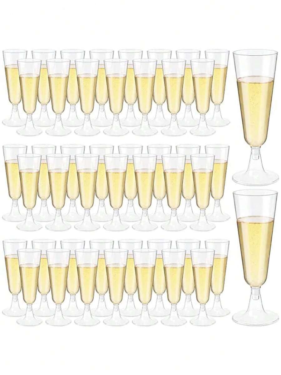 PUREDOVE 5/10/20/25/30/50pcs Transparent Plastic Champagne Glasses, Gold Glitter Party Decor, 130ml/5oz Reusable Clear Plastic Champagne Flute Cups, Durable And Elegant Flute Shape Wine Glasses, Suitable For Weddings, Cocktail Parties, Holidays, Christmas, New Year - Transparent - View 1