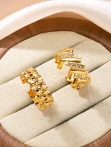 2pcs Gold Stainless Steel Ring Set | Thick Band With Star & Cubic Zirconia Accents | Gift For Her - Gold - View 1