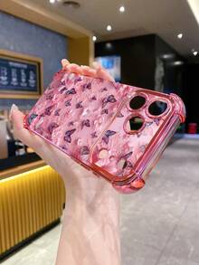 1pc Floral Butterfly Anti-Fall Electroplated Camera Protective Phone Case, UV Printed Compatible With IPhone/ Galaxy/Infinix/Compatible With Redmi/OPPO/VIVO/Realme - Pink - View 2