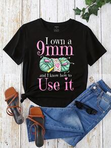 I Own A 9mm And I Know How To Use It Graphic T-Shirt For Women, Oversized Crewneck Tees Casual Wear, Spring Cotton Tops Short Sleeve, Summer Basic Tees, Funny Clothes For Women - màu đen - Xem 2
