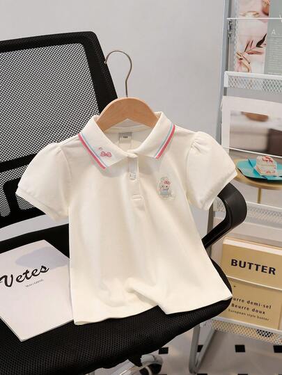 Young Girl Cute Rabbit Embroidery Polo Collar Short Puff Sleeve T-Shirt
