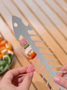 1pc Stainless Steel Fish Bone Shaped Barbecue Skewer, Outdoor Camping Grilling Meat Kebab Tool - Fishbone Shape - View 2