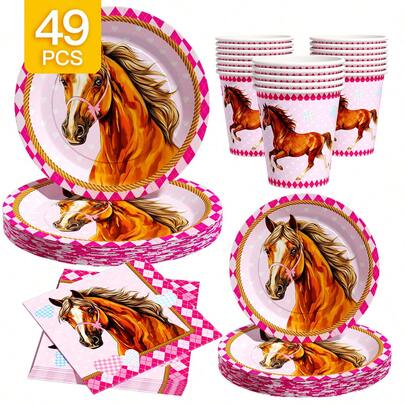 8pcs Brown Horse Plaid Disposable Plate, Napkin, Cup Set, Plates, Napkins And Cups Party Supplies, Suitable For 8 Guests, Disposable Paper Plates Party Tableware Fit For Birthday, Wedding, Theme Party, Family Picnic