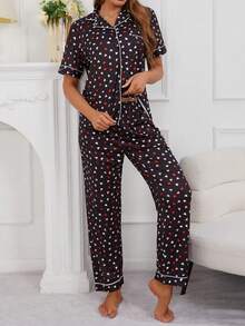 女士轻便休闲爱心印花短袖领睡衣套装 - 彩色 - 查看 5