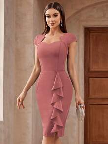 MIUSOL 优雅纯色心形领口荷叶边装饰鸡尾酒会修身连衣裙，适合半正式派对、夏季女性工作装。 - 藕粉色 - 查看 4