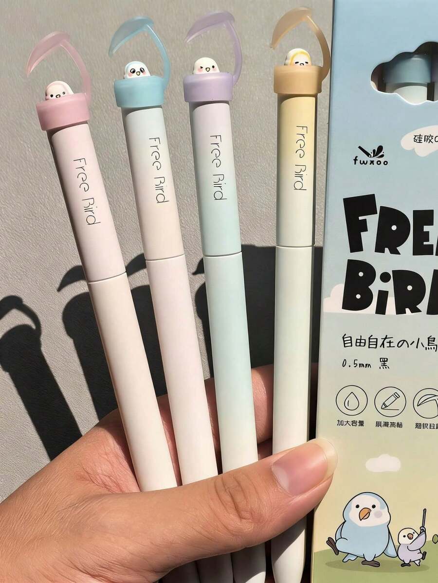 一盒4支装创意猫咪造型0.5mm速干中性笔，速干黑色墨水，轻巧塑料笔身，办公用品黑色中性笔，可爱猫咪珠光闪粉按压式中性笔，书写流畅，适用于办公、日记、猫咪爱好者礼物、创意文具、创意设计办公人员专属