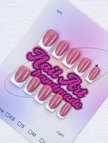 10pcs Square Shaped Handmade Nail Tips, Y2K Baddie Style, Nude & White Color Solid French Tip Artificial Nails, Suitable For Women & Girls, Glitter Nails For Party, Wedding, Daily Wear, Comes With Tool Kit, Great Gift For Ladies Nail Supplies - Red and White - View 3