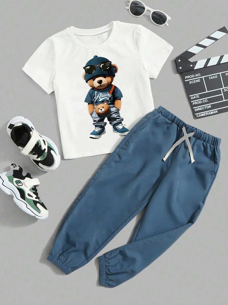 2件套幼儿男童夏季休闲小熊印花T恤和裤子套装 - 藍色 - 查看 1