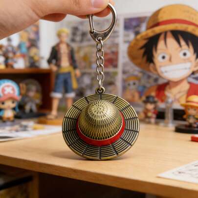 1 pieza Llavero con colgante del sombrero de paja de One Piece, ornamento temático de metal de periféricos de anime