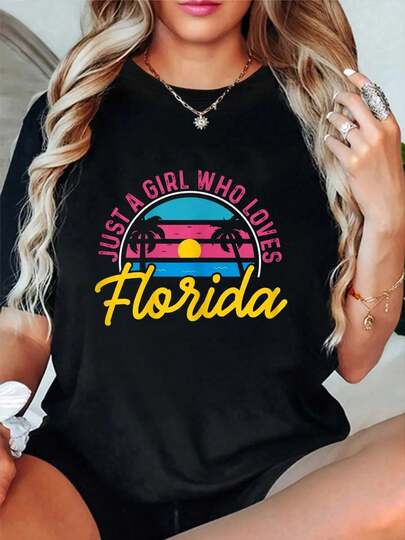 100% Cotton Womens Floridian Native Florida Just A Girl Who Loves Florida T-Shirt Women's Vintage Relaxed Fit Tee Premium Soft Tops Printing Round Neck Fashion Shirts