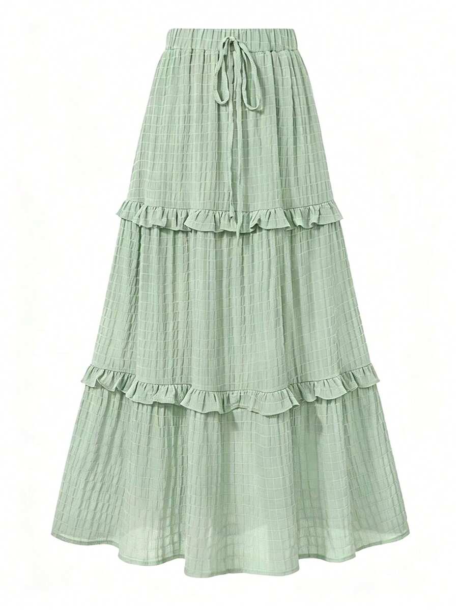 EARO Women's Long Ruffle Hem Skirt, Casual Flowy Mid-Length Skirt, Non-Stretch Fabric, Fashion Versatile Loose Fit Slimming - Mint Green - View 1