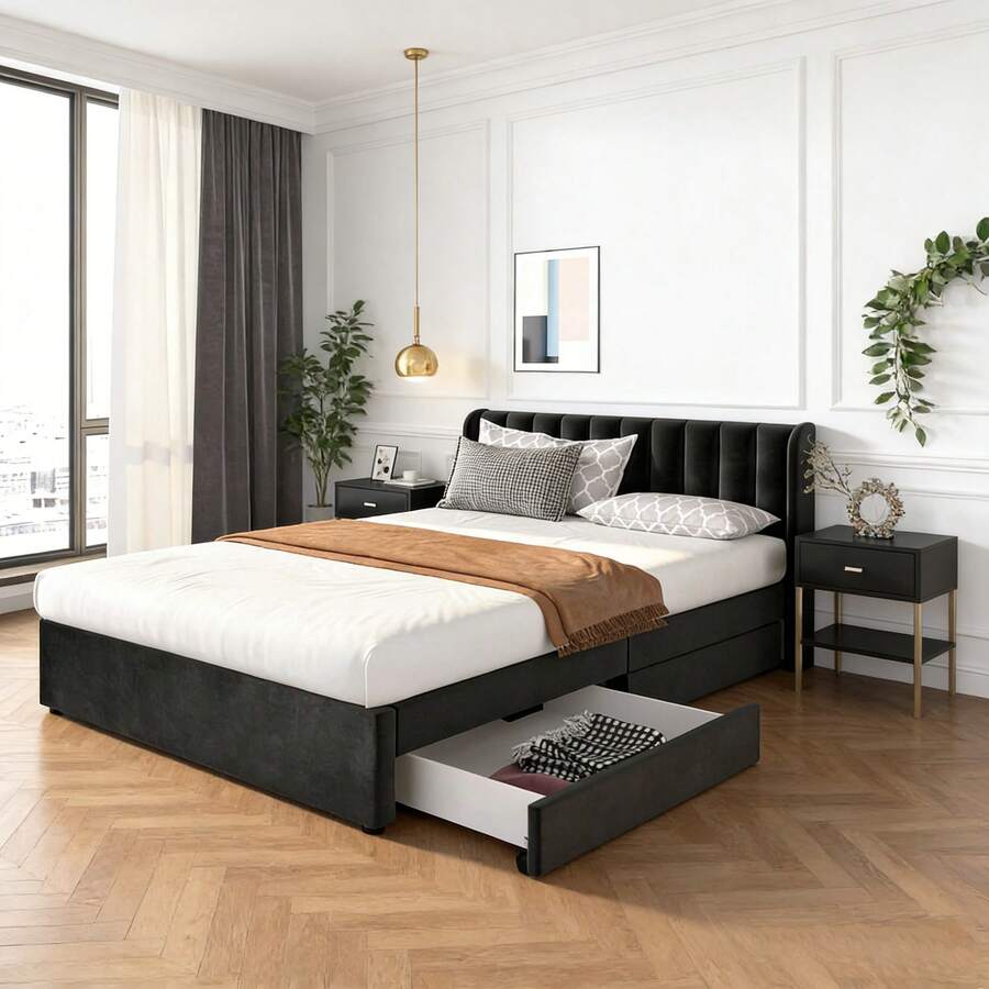 Bed Bases & Foundations - Black + Velvet + 140cm*200cm - View 1