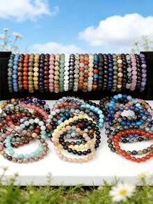 5/10/20/50/100颗水晶珠手链套装 - 多种时尚8毫米宝石珠，可调节弹力绳 - 男女通用多层设计，适合日常佩戴、派对和送礼 - 彩色 - 查看 1