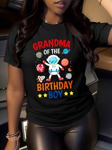 Grandma Of The Birthday Boy Graphic T-Shirt For Women, Oversized Crewneck Tees Casual Wear, Spring Cotton Tops Short Sleeve, Summer Basic Tees, Funny Clothes For Women - màu đen - Xem 1