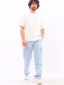 Men's Cargo Jeans With Elastic Waistband. - Baby Blue - View 2