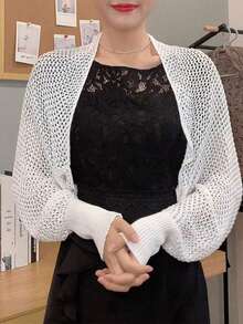 1pc Women's Spring/Summer Versatile Shawl With Honey Pattern Sleeves, Knitted Collar And Hollow Details, Fashionable Ladies Outerwear Accessory - Multicolor - View 9