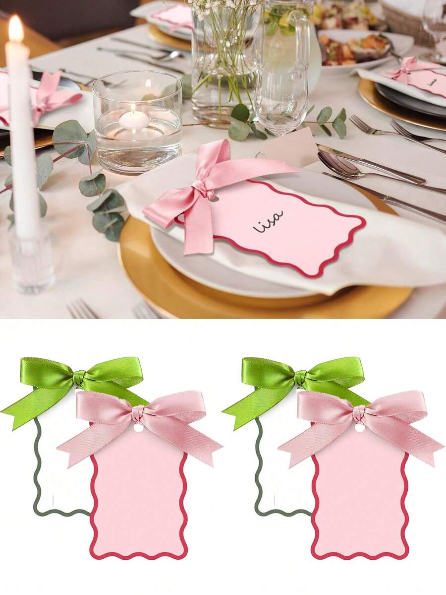 6/24/48pcs Scallop Shape Name Place Cards With Ribbons, DIY Wedding Table Number Cards, Party & Celebration Supplies (Green) - Green - View 1