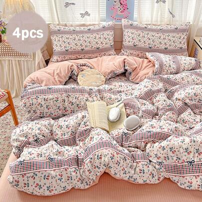 四件套床上用品，复古格子蝴蝶结印花被套，舒适透气柔软涤纶床上用品套装，少女樱花印花被套套装，四季皆宜，营造温馨卧室氛围，包含1个被套（不含填充物）、1个床单、2个枕套（不含填充物）