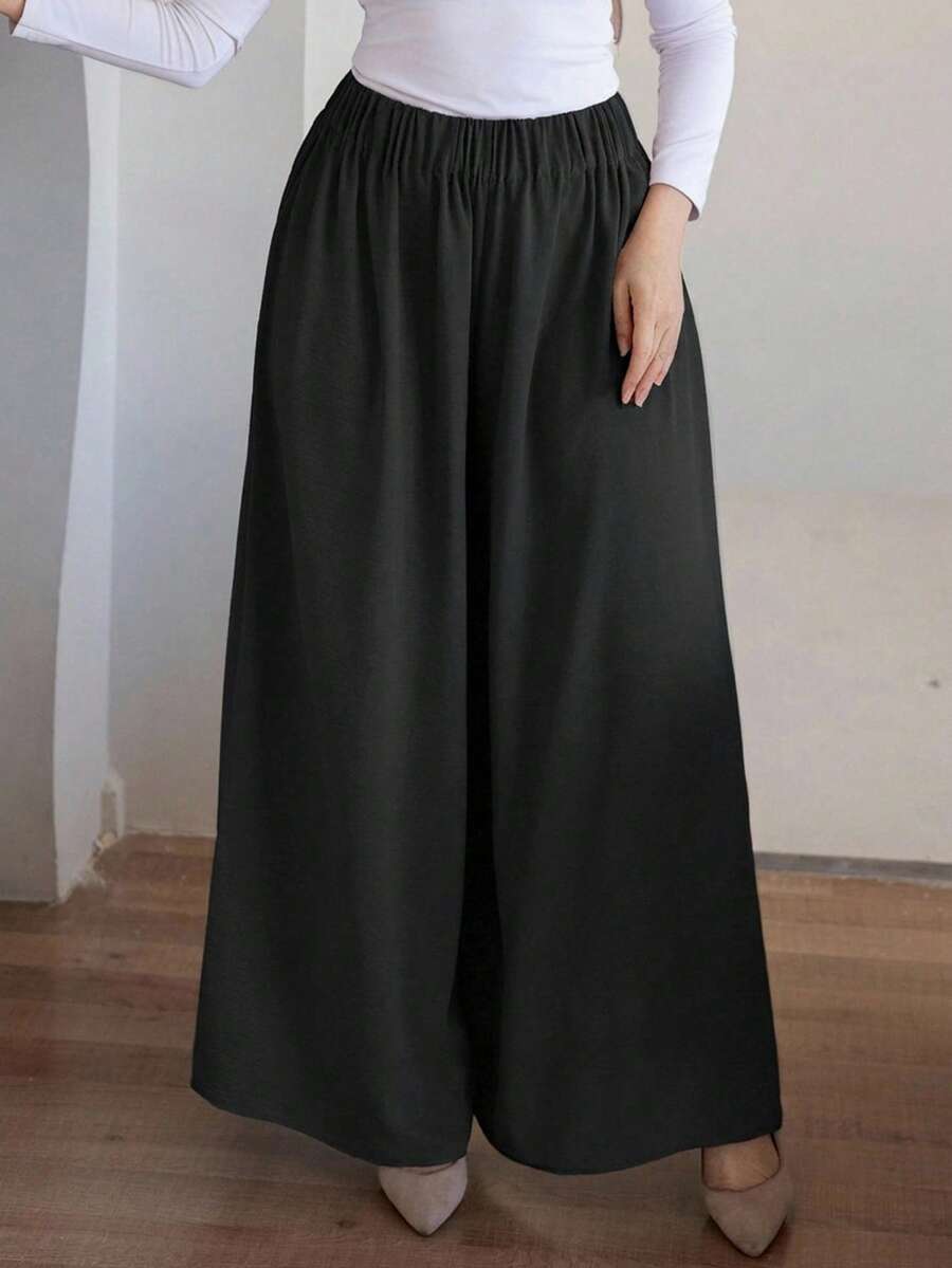 DAZY Women's Solid Color Elastic Waist Wide Leg Pants, Casual Trousers - Black - View 1