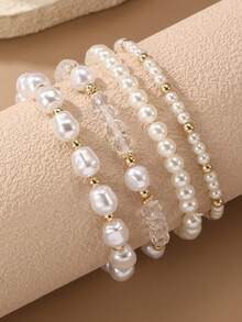 4pcs Elegant Faux Pearl & Glass Beaded Bracelet Set, Suitable For Girls, Daily, Vacation, Party, Gift - White - View 1