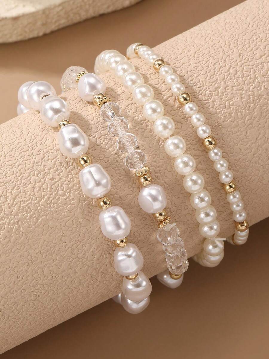 4pcs Elegant Faux Pearl & Glass Beaded Bracelet Set, Suitable For Girls, Daily, Vacation, Party, Gift - White - View 1