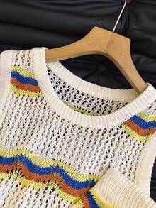 2件套女士镂空条纹背心，系带露脐性感休闲针织套装，沙滩度假风，春夏款 - 奶油色 - 查看 5