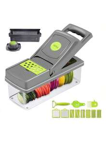 HuaTang Cortador de Verduras 12 en 1, Picador de Verduras con 8 Cuchillas de Acero Inoxidable, Cesta Coladora para Frutas y Verduras, Cortador de Mandolina para Cocina, Uso del Hogar y Profesional - Verde - Ver 1