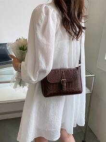 Túi đeo vai nữ kiểu Pháp cổ điển bằng da PU, túi vuông tối giản màu trơn, túi xách công sở thành thị. - màu nâu - Xem 2