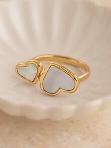 1枚天然珍珠母贝心形不锈钢18K镀金简约优雅百搭女士指节戒指 - 心形戒指 - 查看 4